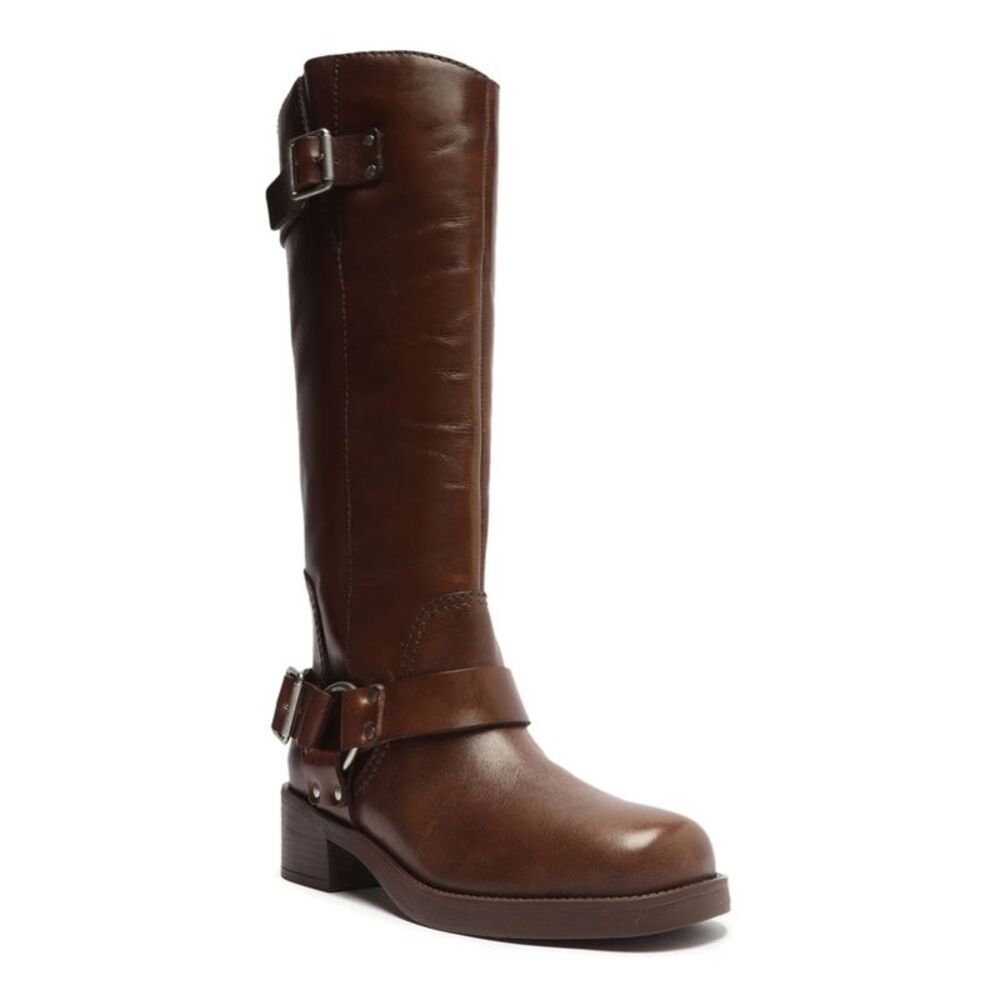 AREZZO Womens Brown Padded Clara Square Toe Block Heel Buckle Leather Moto 8